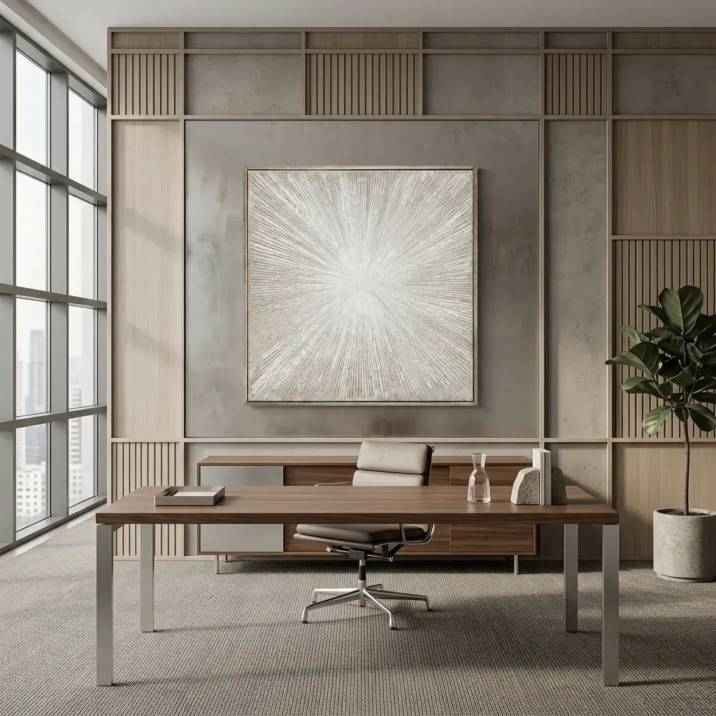 Modern office interior with a large desk, chair, and abstract painting on a wall.