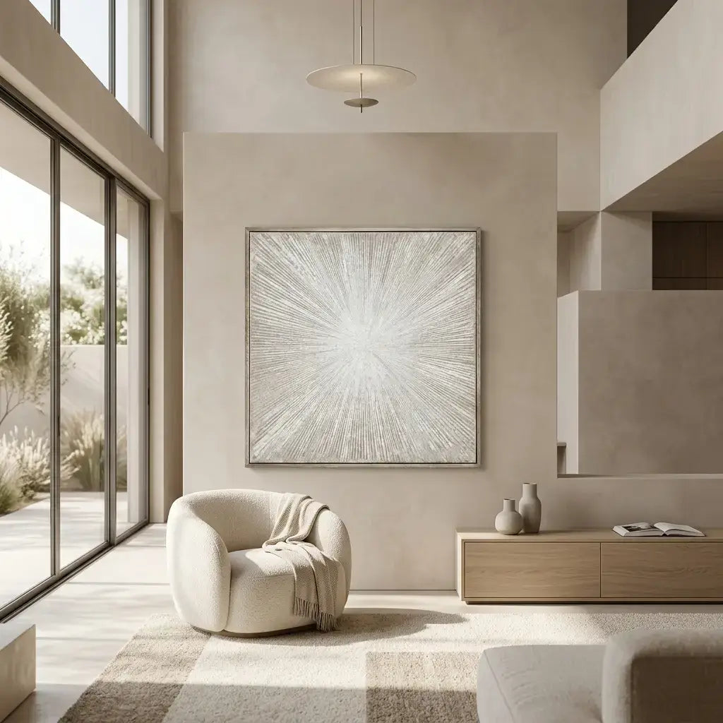 Modern living room with a neutral color palette, featuring a large abstract painting on the wall.