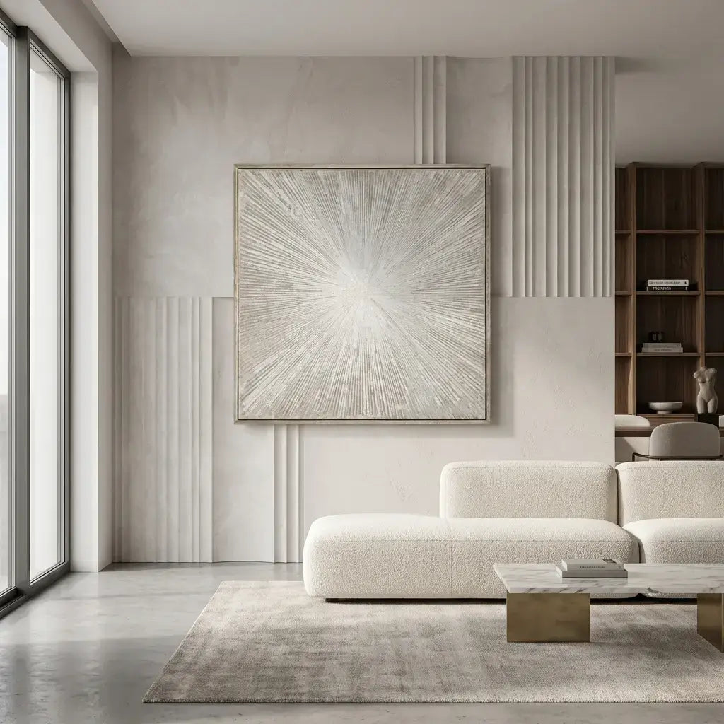 Modern living room with a white sofa, abstract painting, and wooden coffee table.