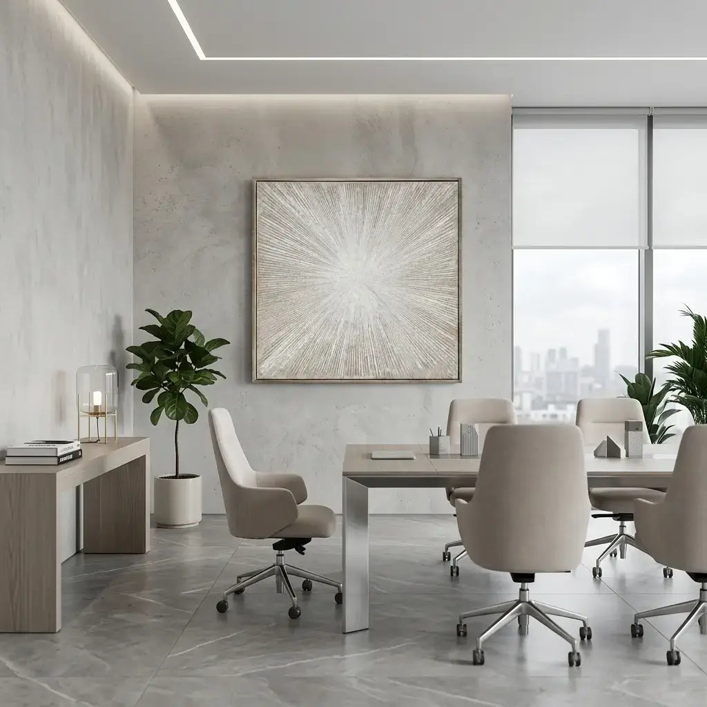 Modern office meeting room with beige chairs, a large painting, and city view.