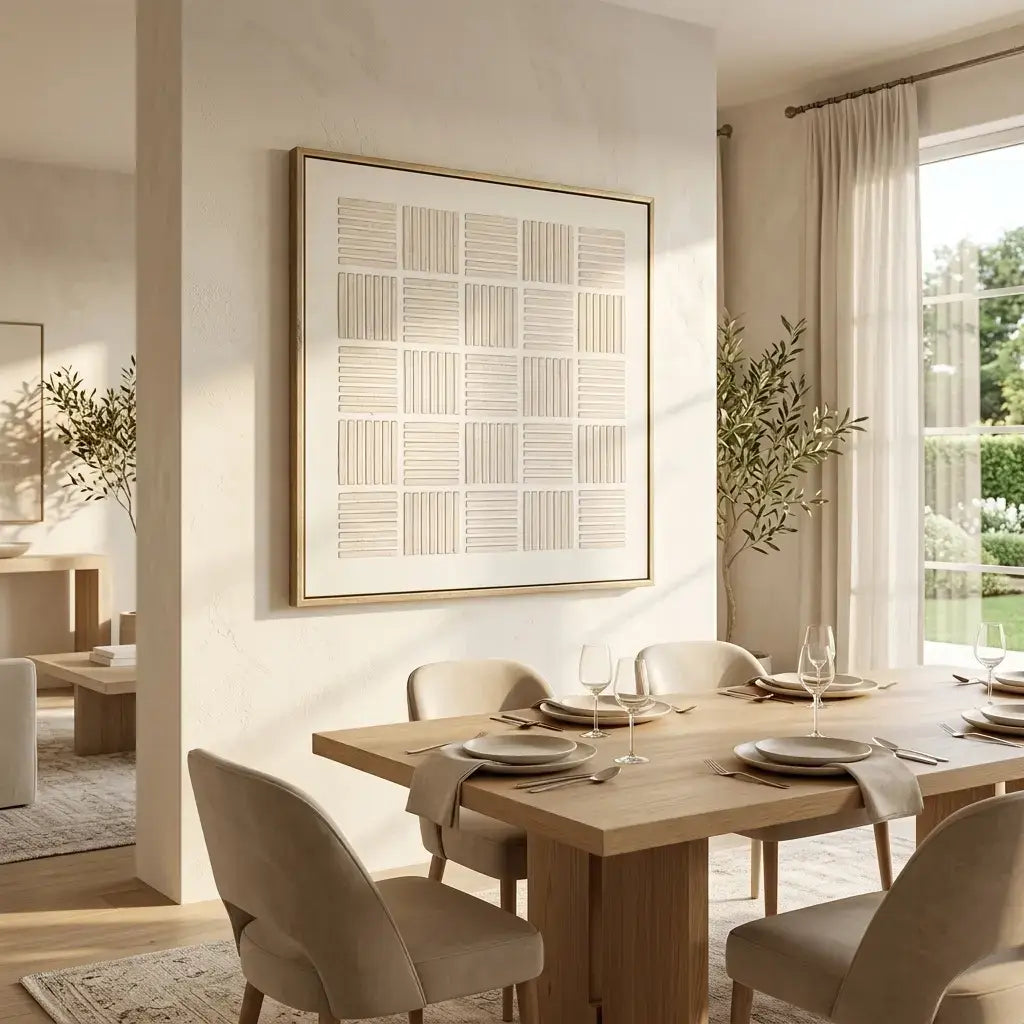Dining room with wooden table, chairs, and a large abstract painting on the wall.