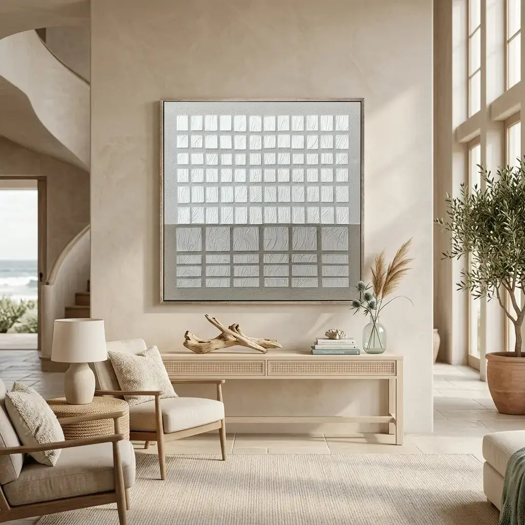 Modern living room with a large abstract painting, neutral decor, and natural light.