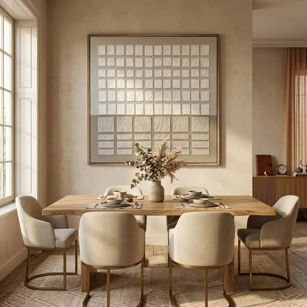 Dining room with a wooden table and chairs, framed artwork on the wall.