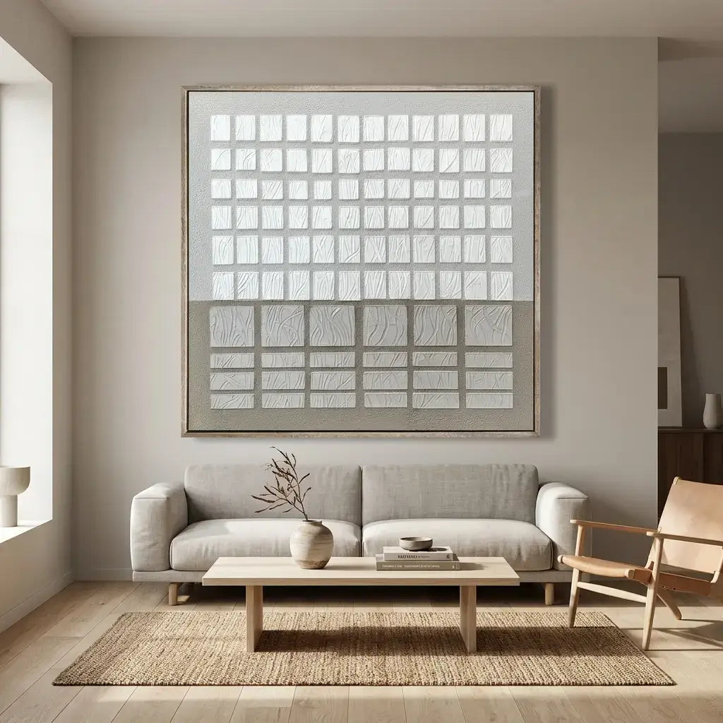 Modern living room with a gray sofa, wooden coffee table, and abstract wall art.