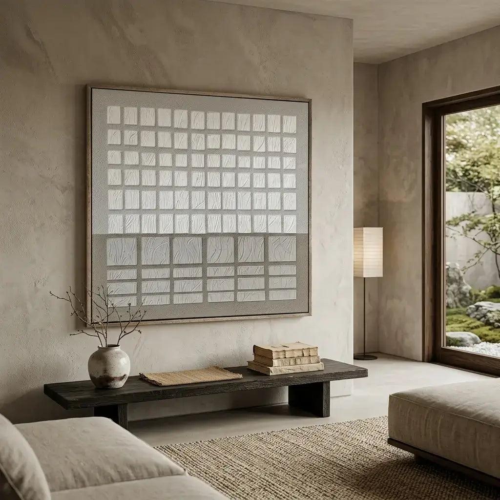 Modern living room with a large abstract painting on the wall, a coffee table with decor items, and a couch.
