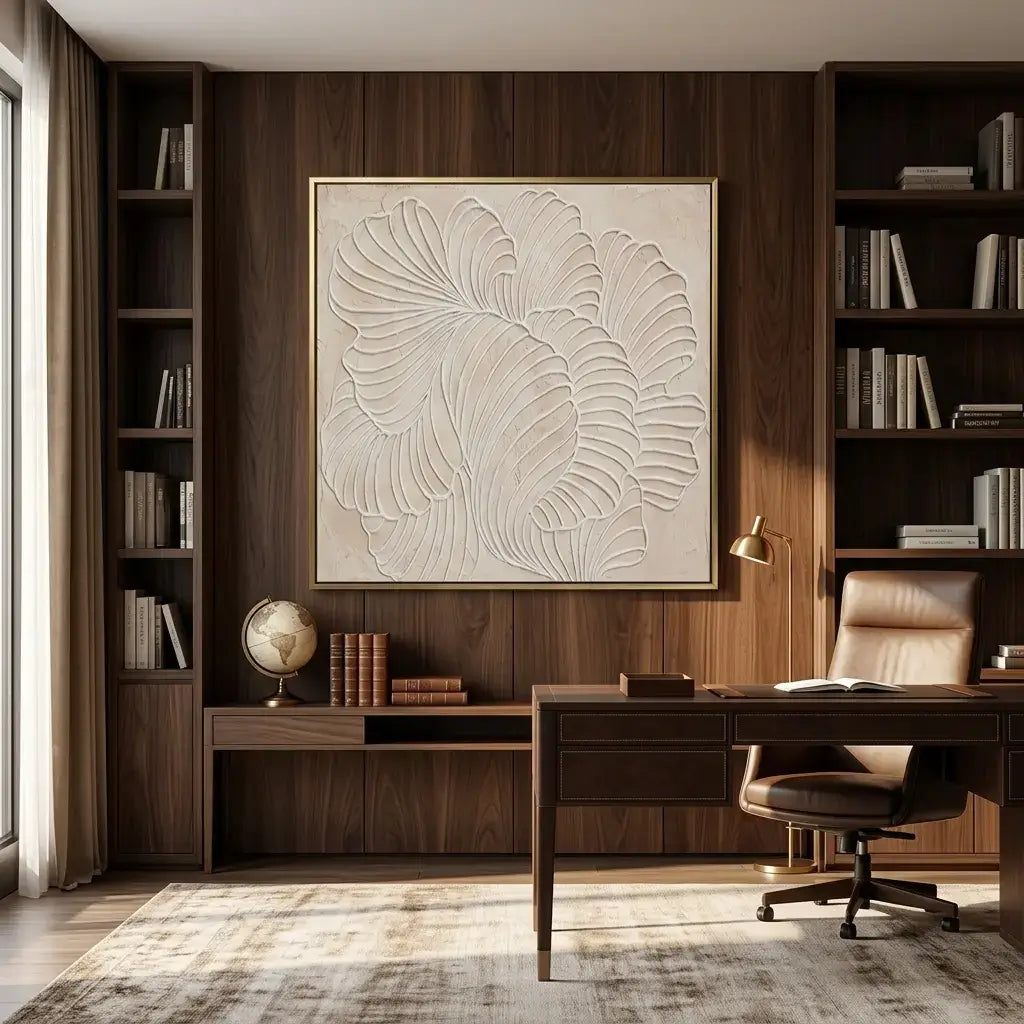 Modern office interior with wooden desk, chair, and wall art.