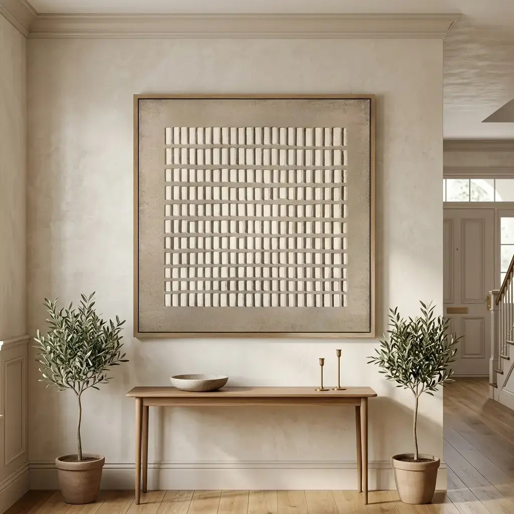 Modern interior with a wooden bench, decorative wall art, and potted plants.