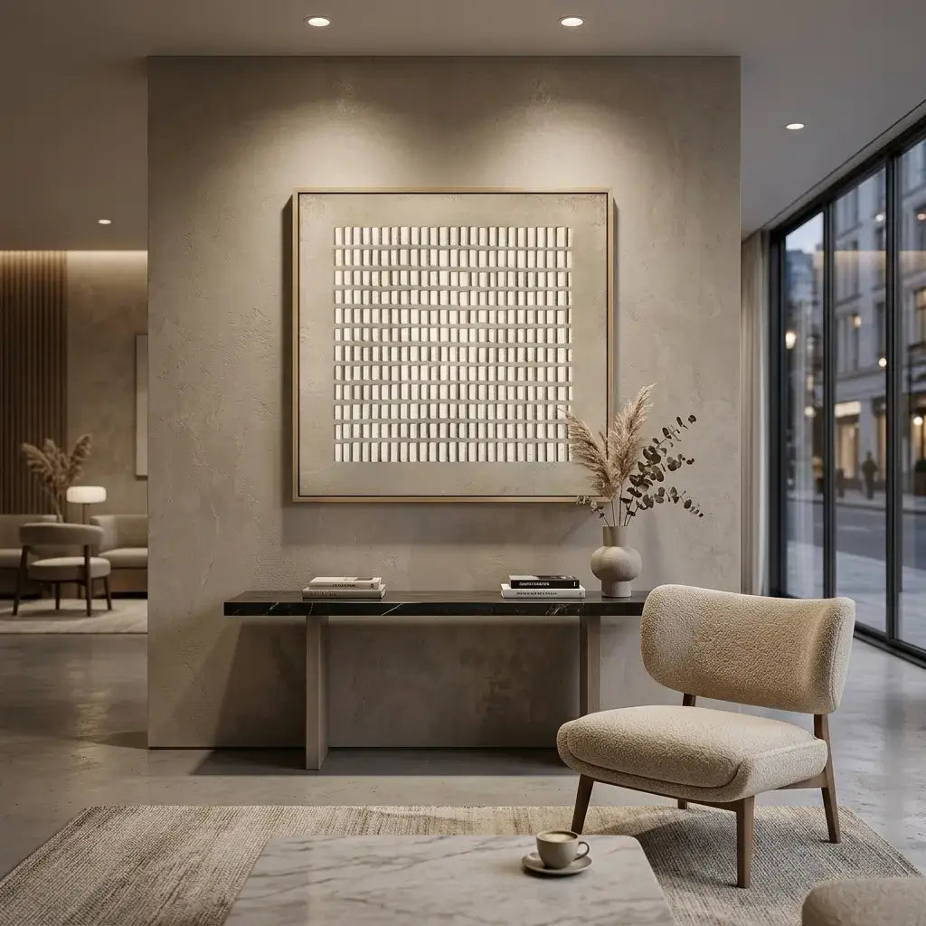 Modern interior with a textured wall, framed artwork, and a chair.