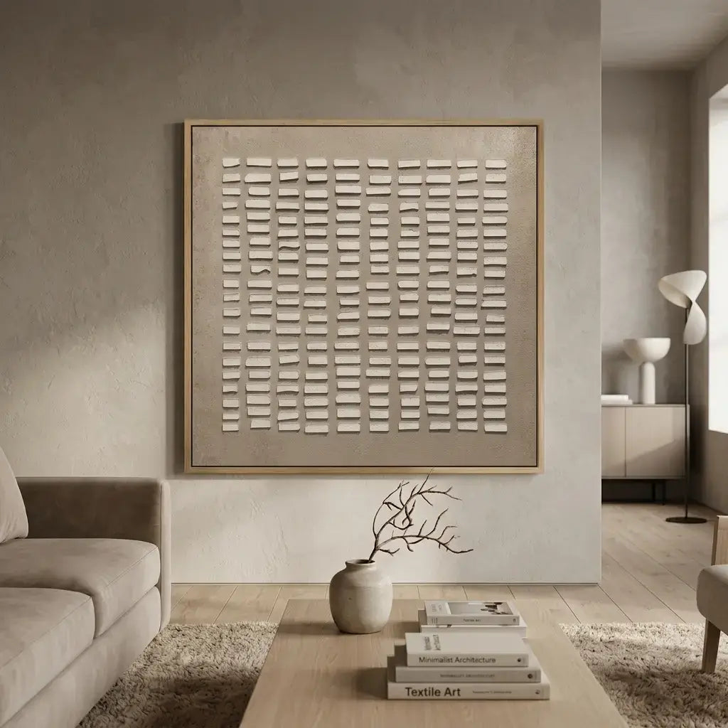 Modern living room with textured wall art and decor