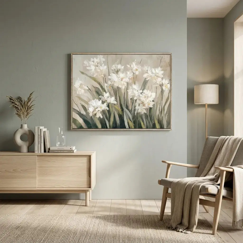 Modern living room with a large floral painting on the wall, wooden cabinet, and armchair.