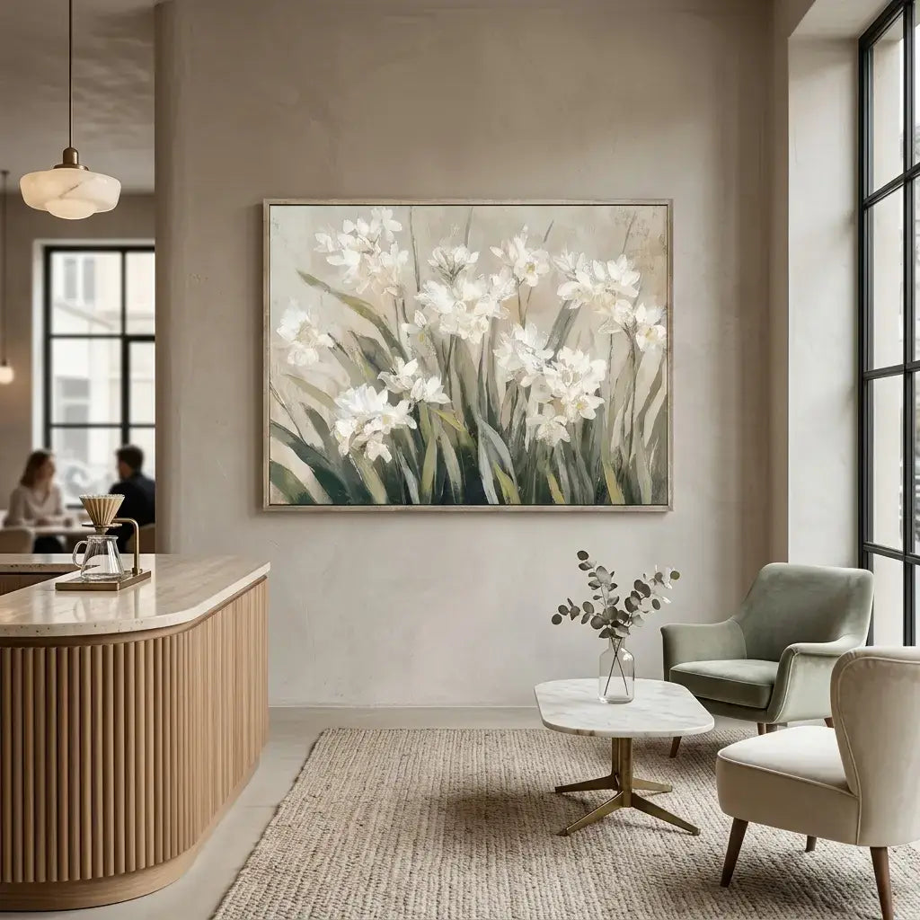 Modern living room with floral artwork on the wall, chairs, and a coffee table.