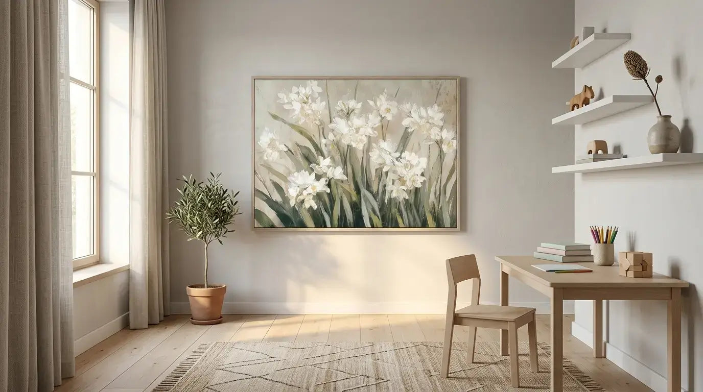 Modern home office with a large floral painting on the wall, desk, and decorative items.