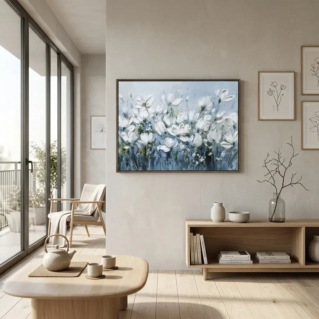 Modern living room with a large abstract floral painting on the wall.