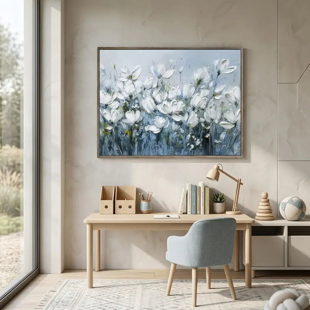 Modern home office with a desk, chair, and abstract floral painting on the wall.