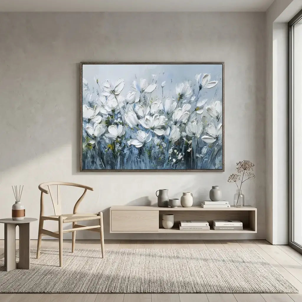 Living room with a large floral painting on the wall, a wooden chair, and a side table.