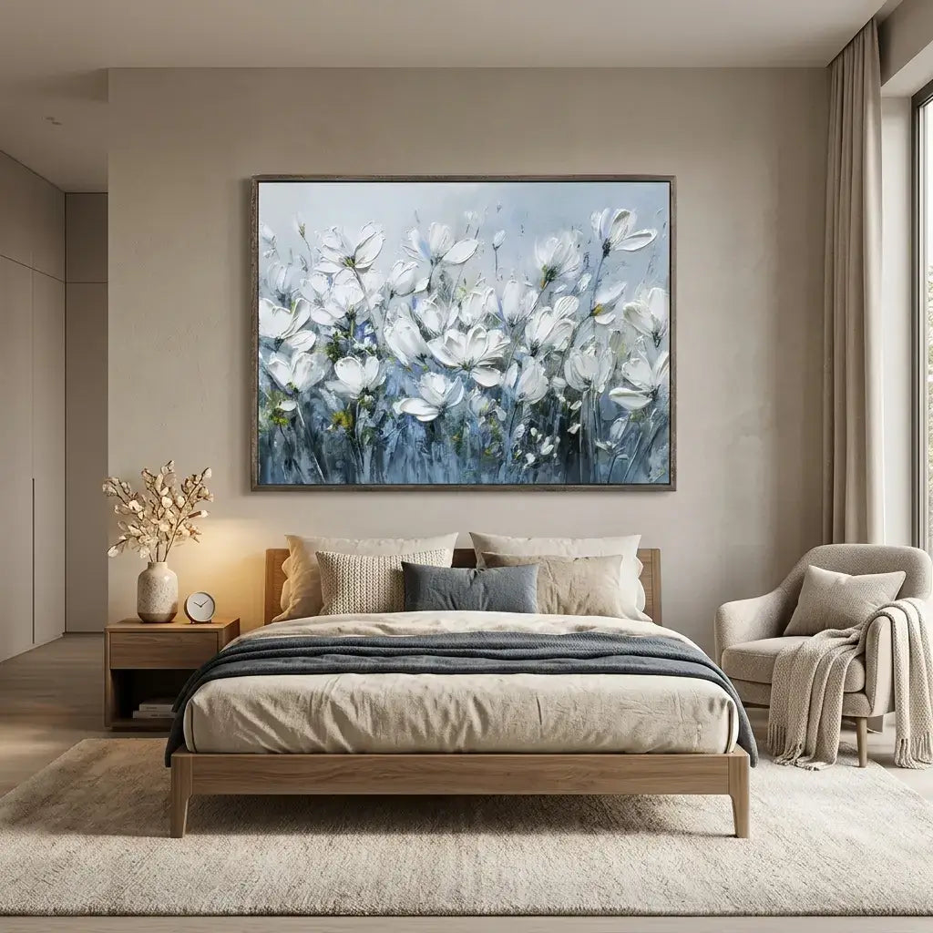 Modern bedroom with a large floral painting above the bed