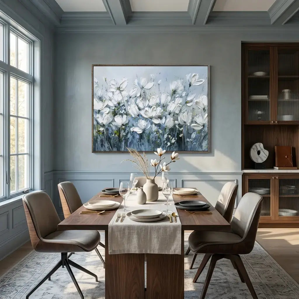 Dining room with wooden table, chairs, and a large floral painting on the wall.