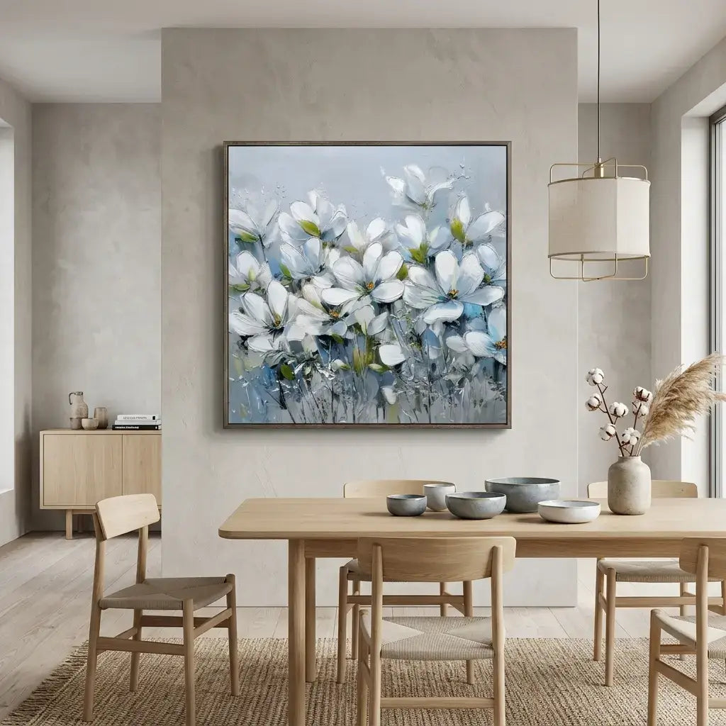 Dining room with a floral painting on the wall, wooden table, and chairs.