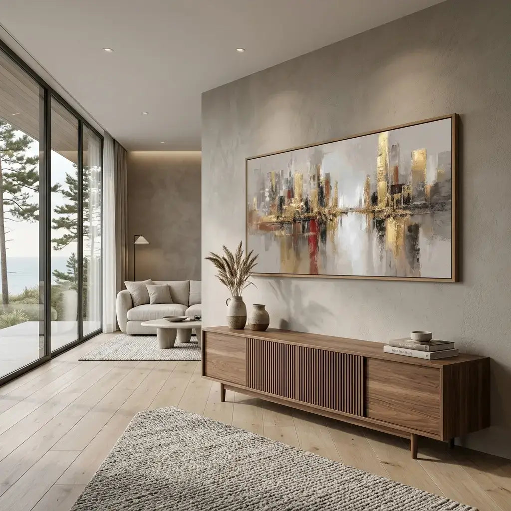 Modern living room with a large abstract painting on the wall, wooden console table, and large windows.