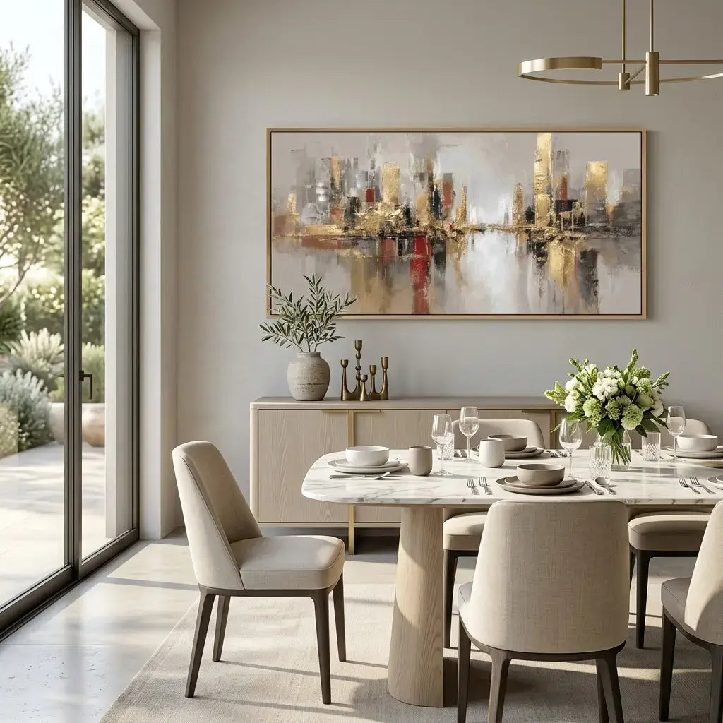 Modern dining room with marble table, beige chairs, and cityscape artwork on the wall.