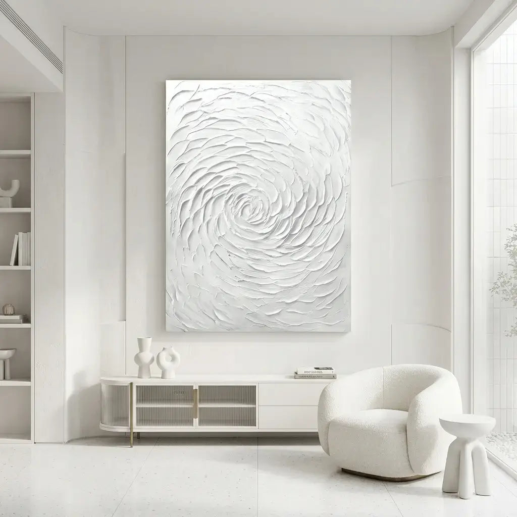 Modern interior with a white textured wall art piece, white chair, and white cabinet.