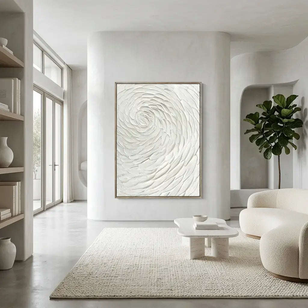 Modern living room with a large abstract painting on the wall, a white sofa, and a plant.
