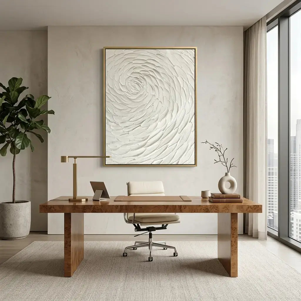 Modern office interior with a wooden desk, chair, and abstract wall art.