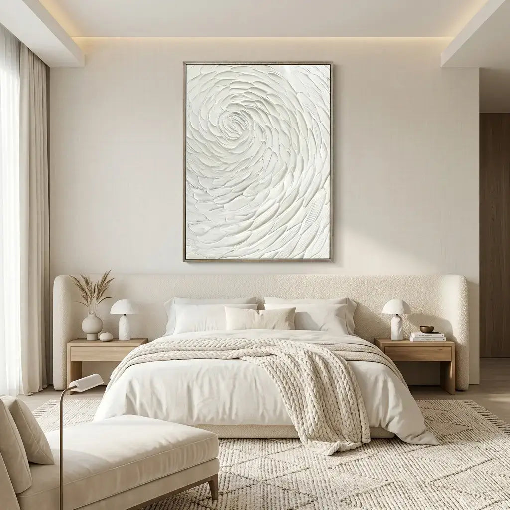 Modern bedroom with a bed, nightstands, and abstract wall art.