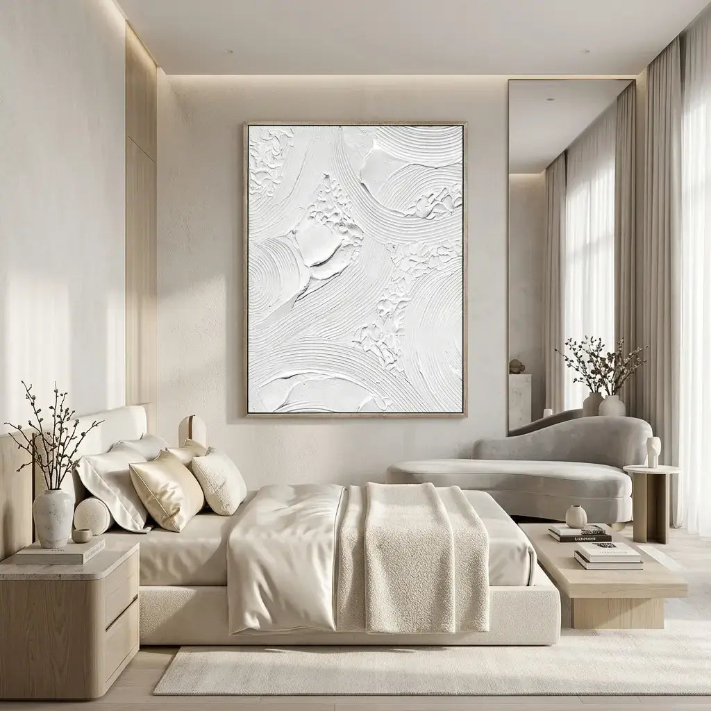 Modern bedroom with neutral tones, artwork on the wall, and a bed.
