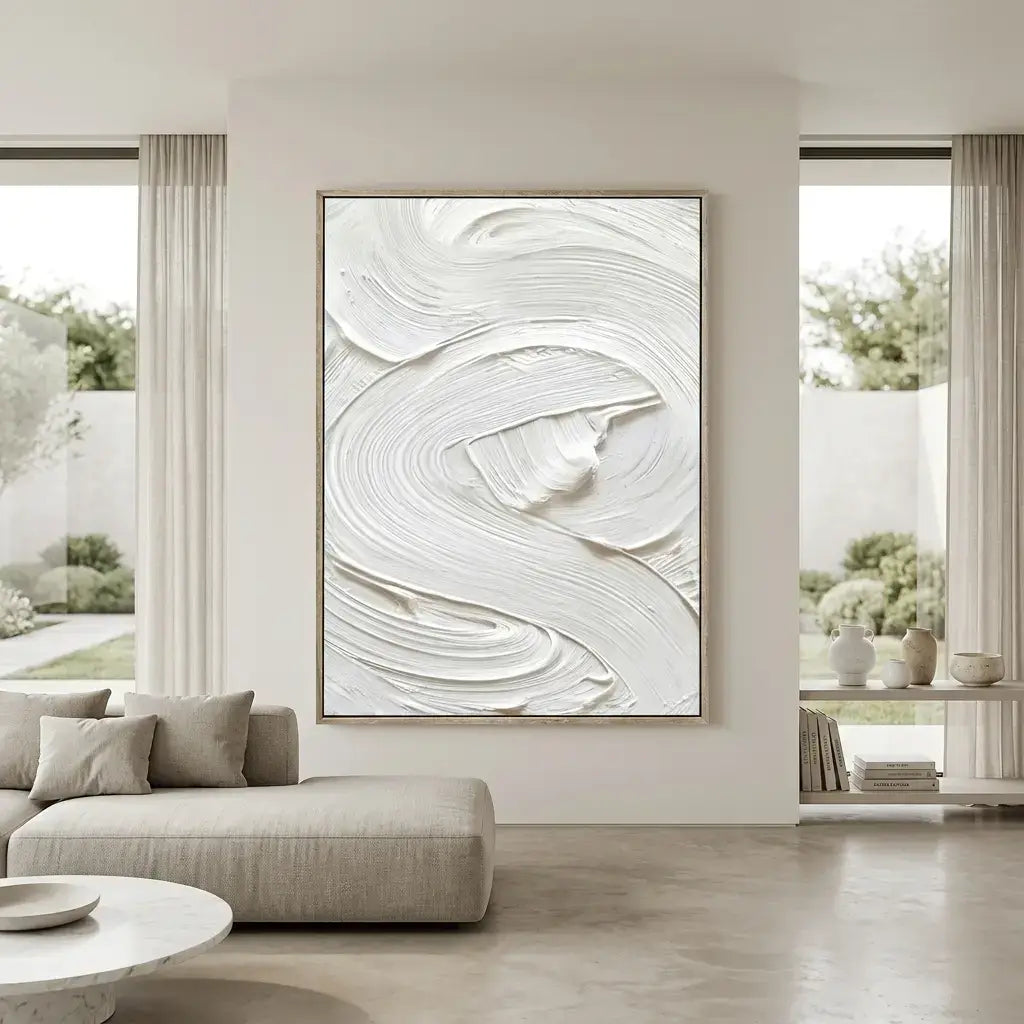 Abstract white painting in a modern living room with neutral decor