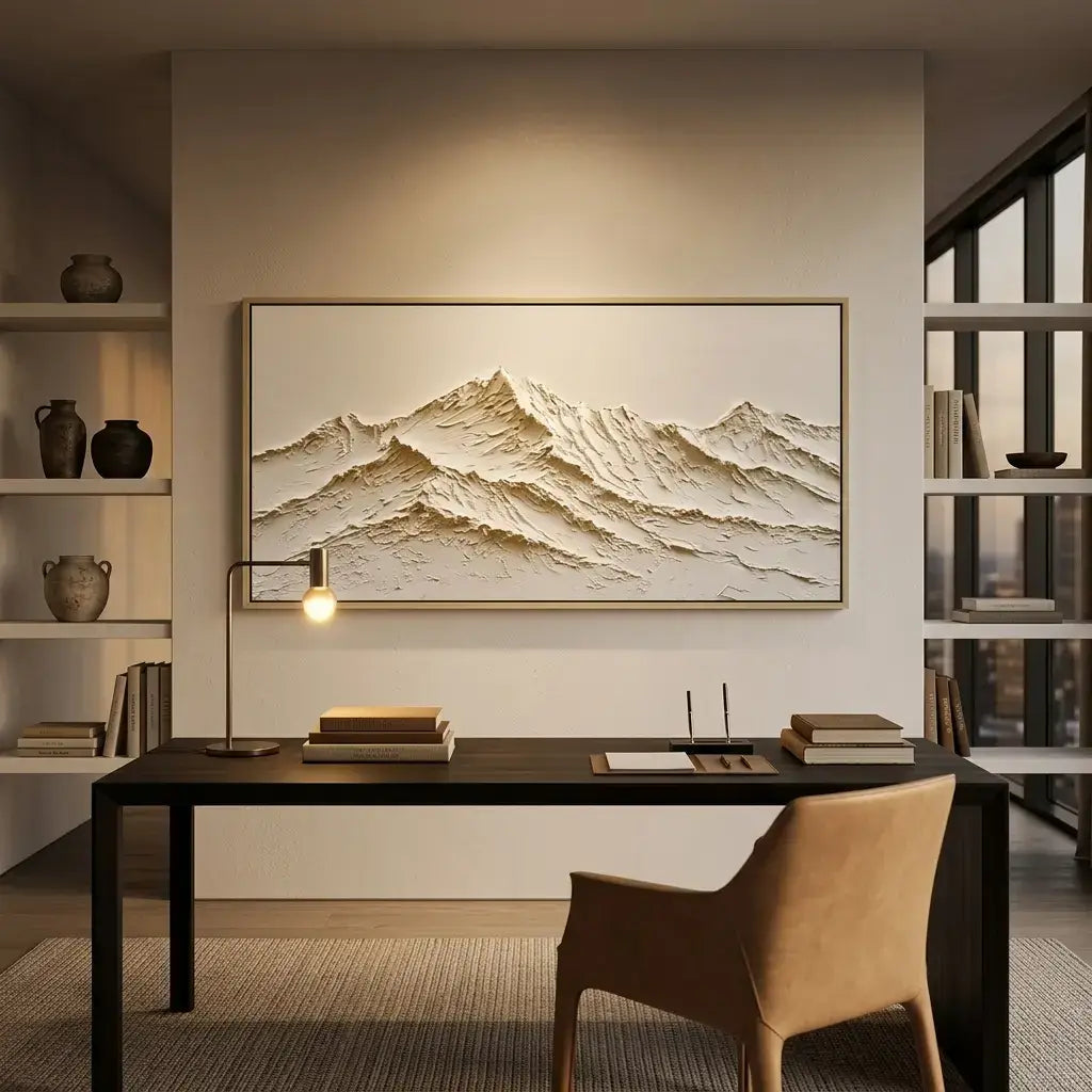 Modern home office with a desk, chair, and mountain-themed wall art.