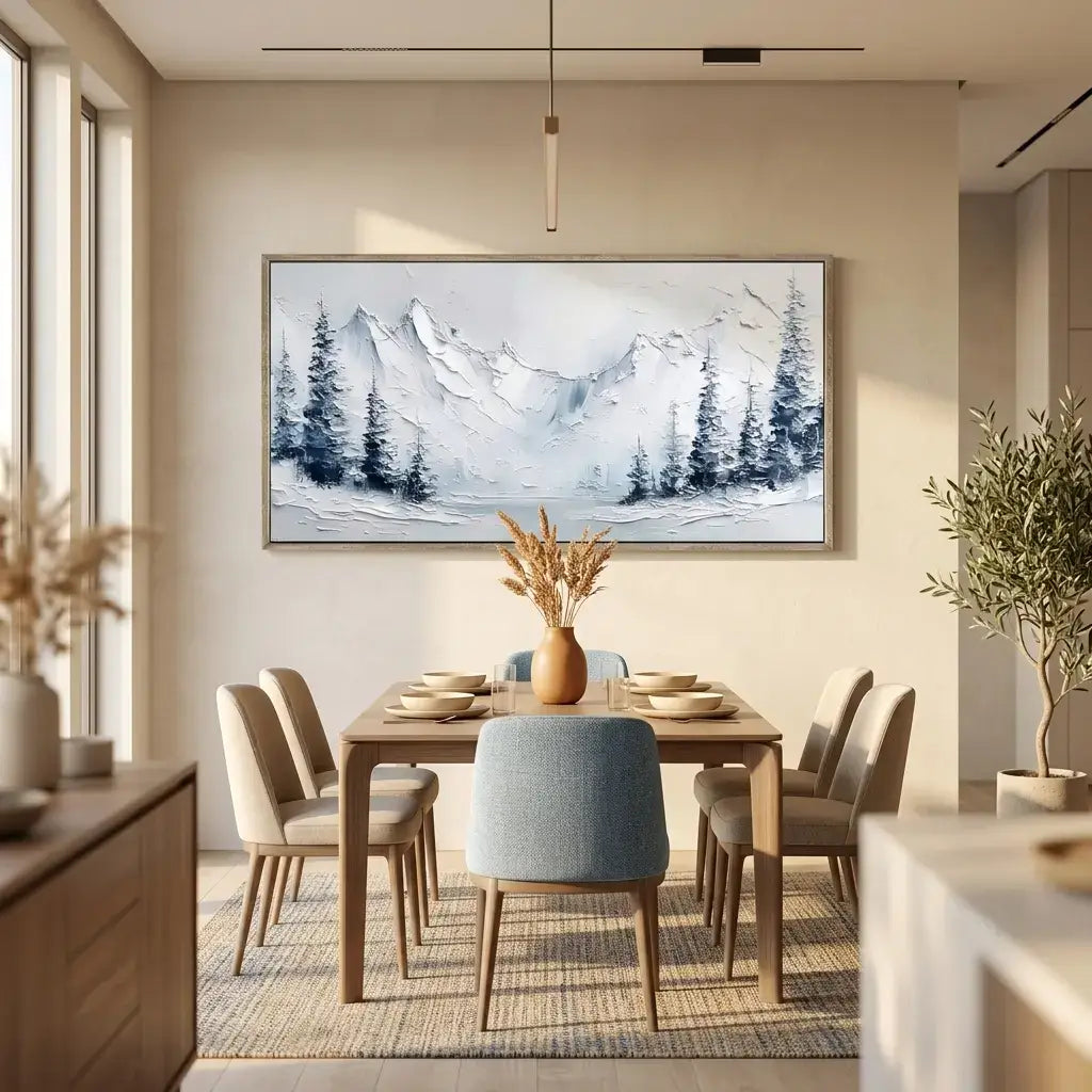 Dining room with a mountain landscape painting on the wall
