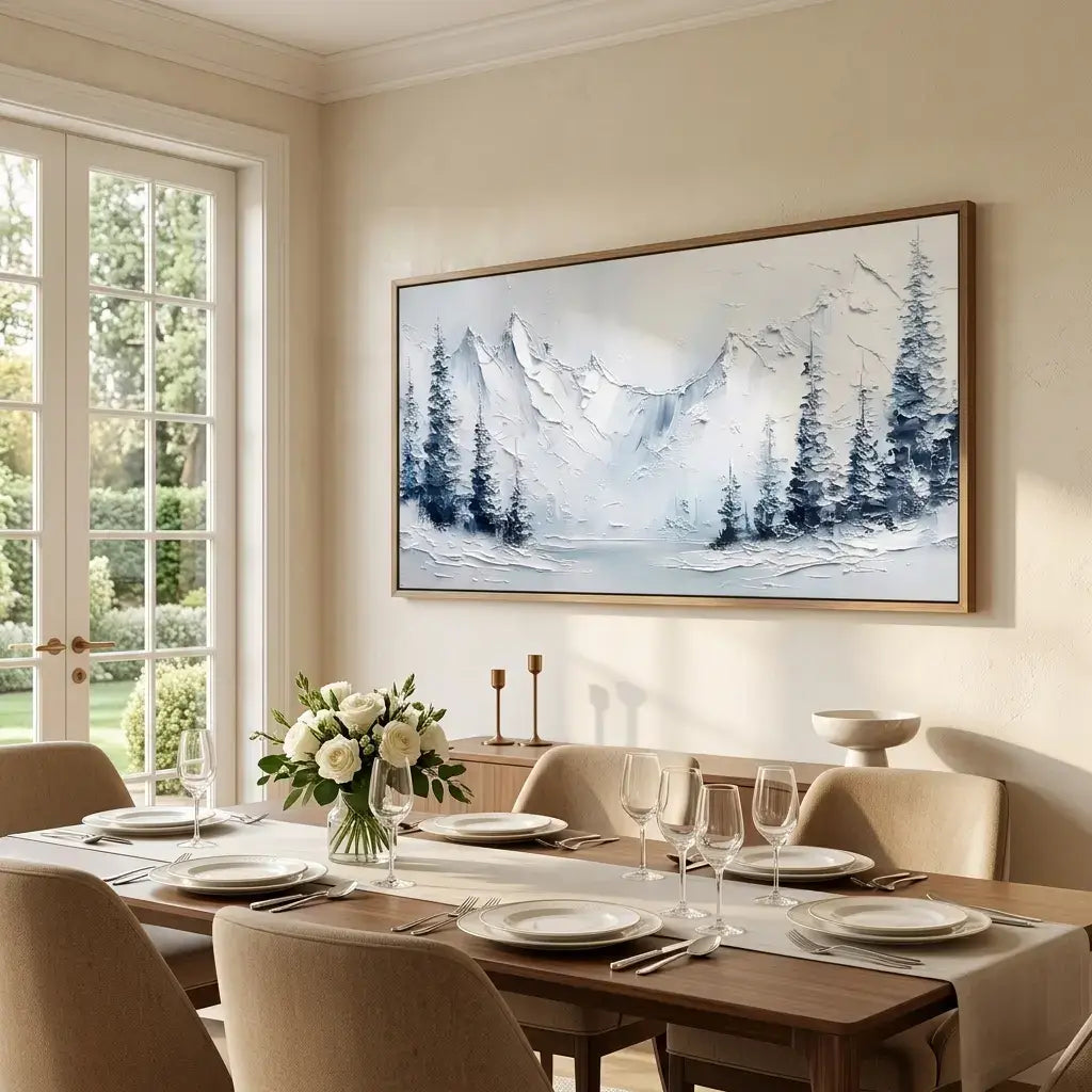 Dining room with a table set for four, a vase of flowers, and a large mountain painting on the wall.