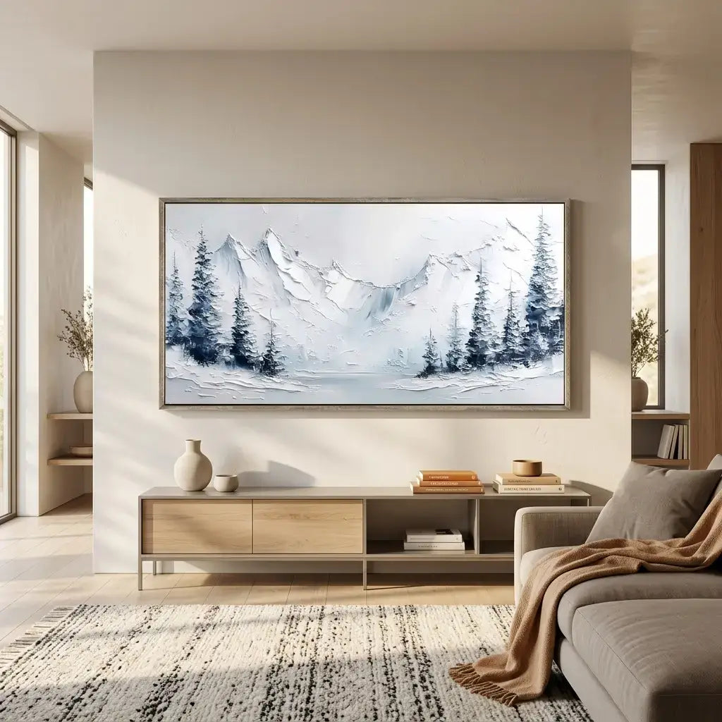Modern living room with a large framed landscape painting on the wall.