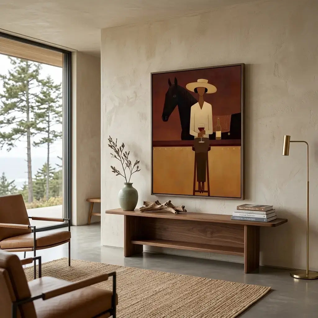 Modern living room with a painting of a person with a horse, a vase, and a lamp.
