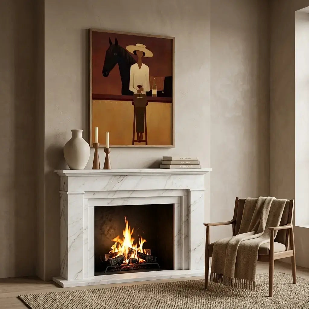 Living room with marble fireplace, armchair, and wall art