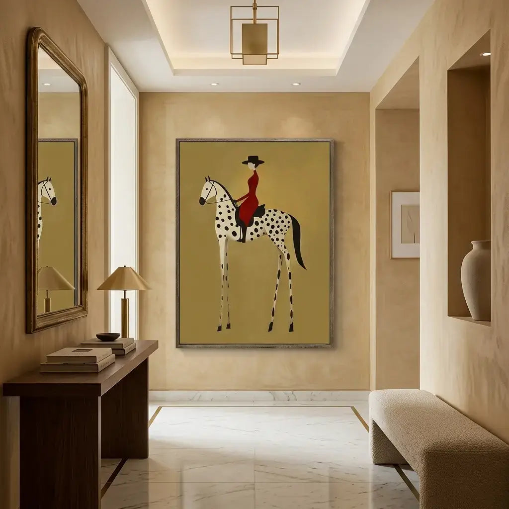 Modern interior hallway with a painting of a horse and rider on a beige wall.