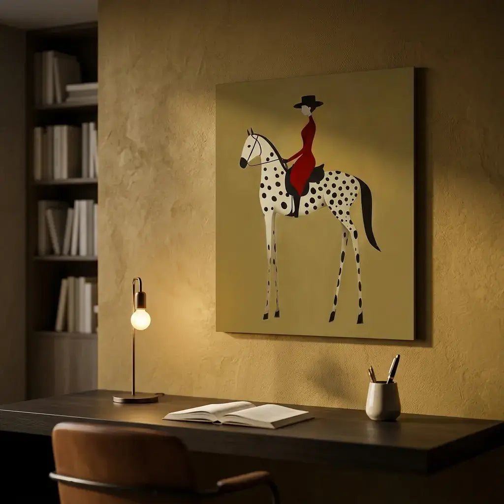Desk with a lamp, book, and pen holder, featuring a painting of a person on a polka dot horse on the wall.