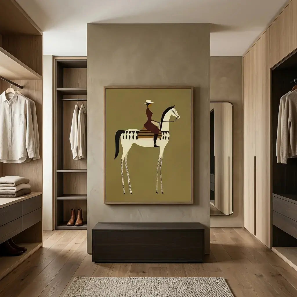 Modern walk-in closet with a framed artwork of a person on a horse.