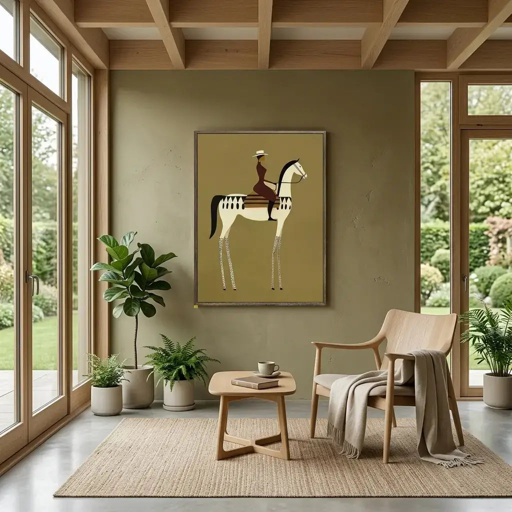 Modern living room with a horse and rider painting on the wall, wooden furniture, and plants.