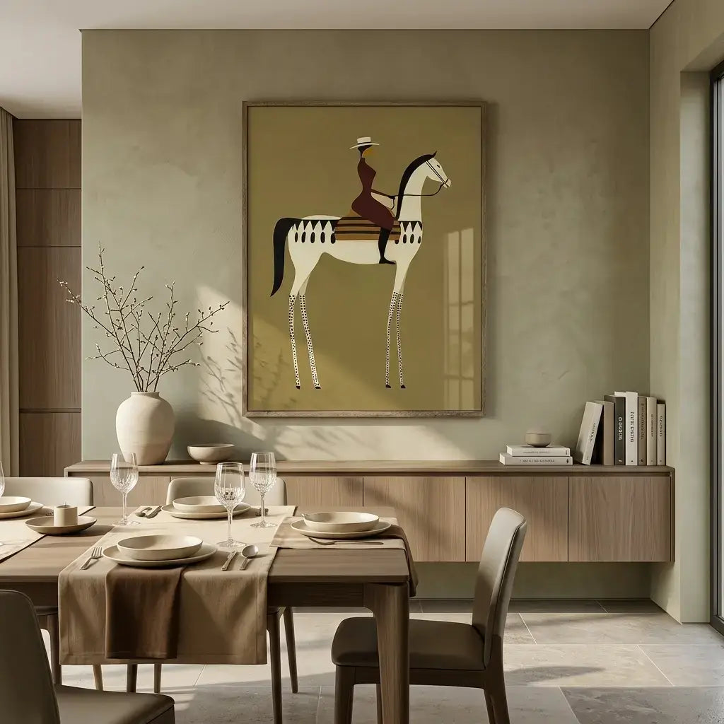 Dining room with a horse painting on the wall, table set for dinner, and books on a shelf.