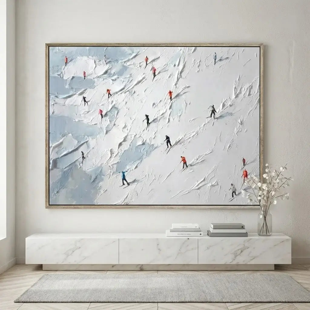 Abstract painting of skiers on a snowy mountain in a modern living room.