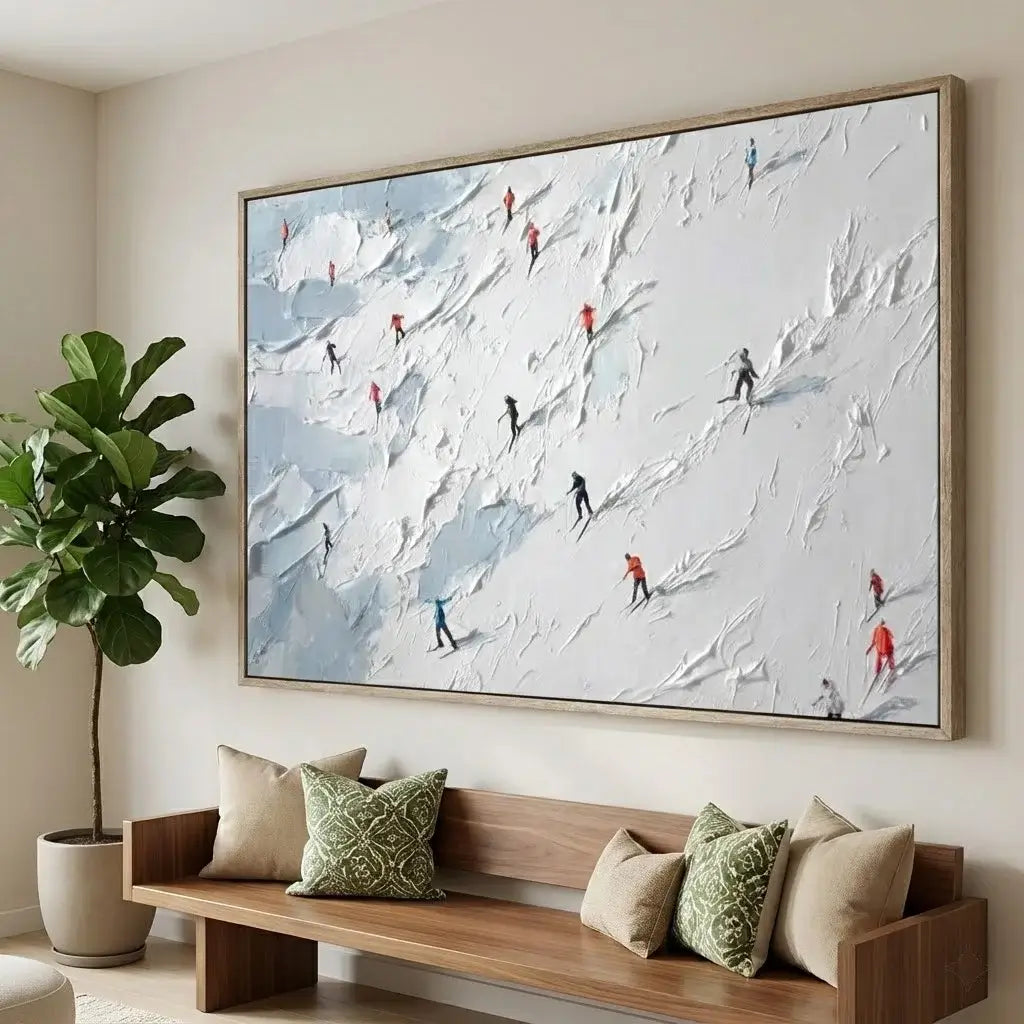 Living room with a large abstract painting of skiers on a mountain, a wooden bench with pillows, and a potted plant.