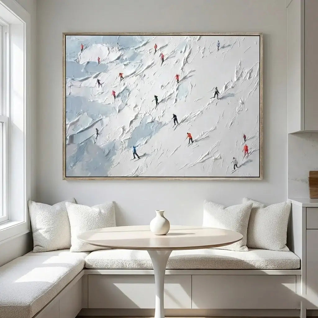 Modern interior with a large abstract painting of skiers on a wall above a seating area.