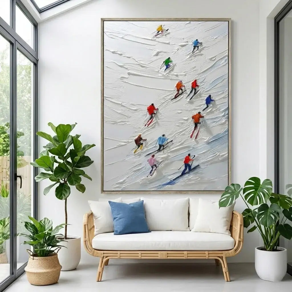 Living room with a painting of skiers on the wall, a wooden sofa, and potted plants.