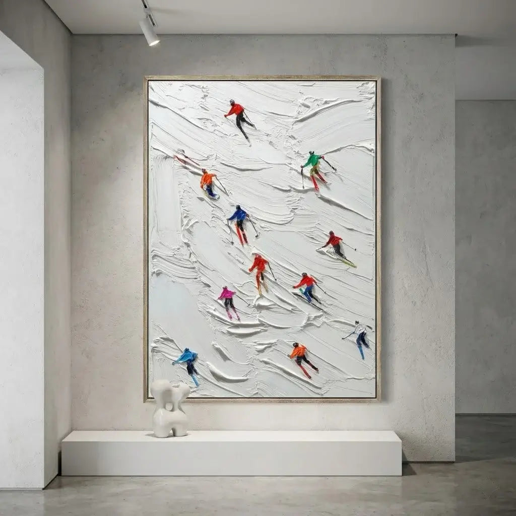 Abstract wall art of skiers on a textured white background in a modern interior setting.