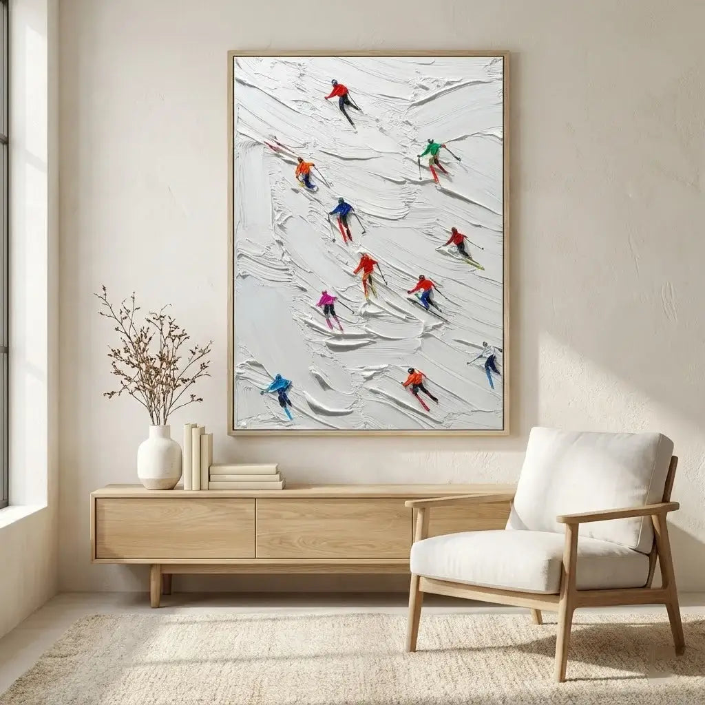 Modern living room with a framed artwork of skiers, a wooden console table, and a white armchair.
