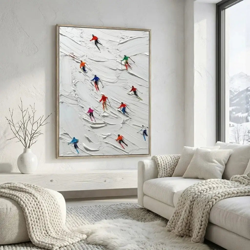 Living room with a framed artwork of skiers on a snowy slope, white walls, and a sofa.