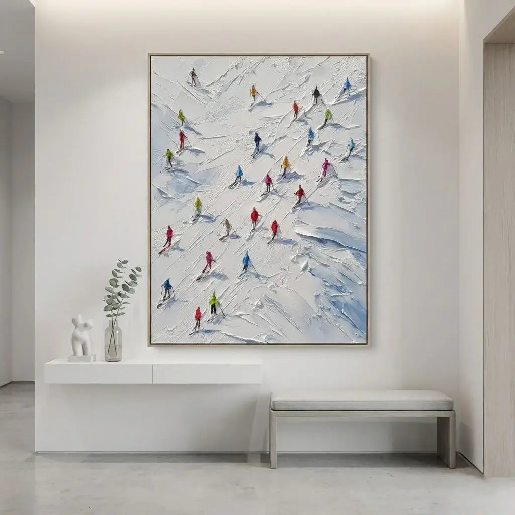 Abstract painting of skiers on a snowy mountain in a modern interior setting.