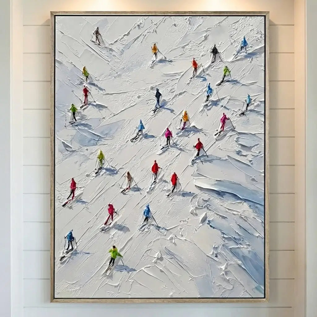 Framed artwork of skiers on a snowy slope
